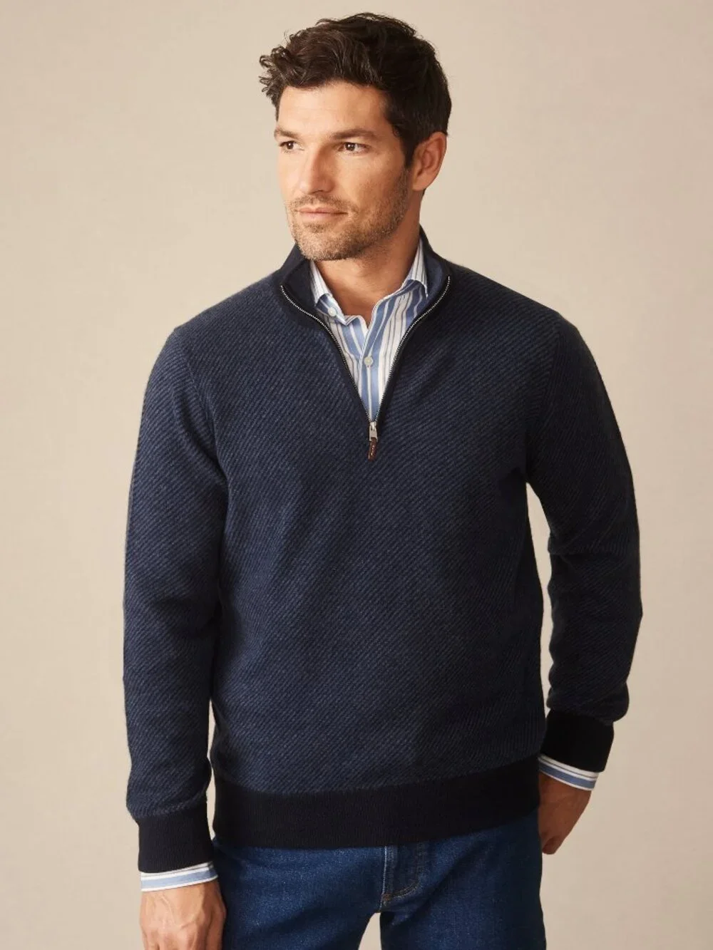 J McLaughlin Twain Cashmere 1/4 Zip in Jacquard - Navy/Denim NEW